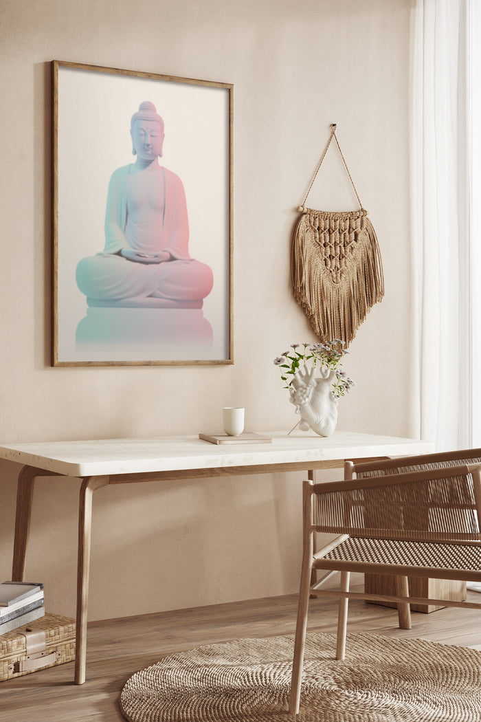 Contemporary framed Buddha poster on wall above stylish desk with decorative vase in modern interior setting