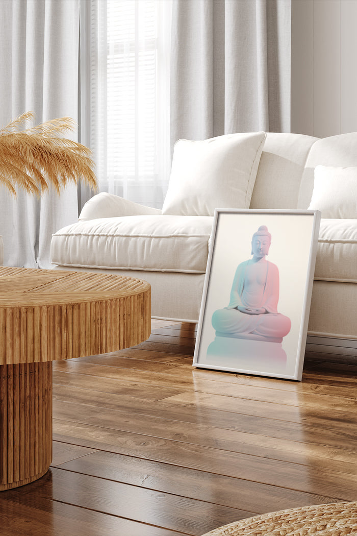 Stylish multi-colored Buddha poster framed on the floor in a contemporary living room setting