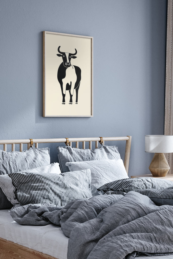 Modern black and white bull artwork poster as bedroom wall decor