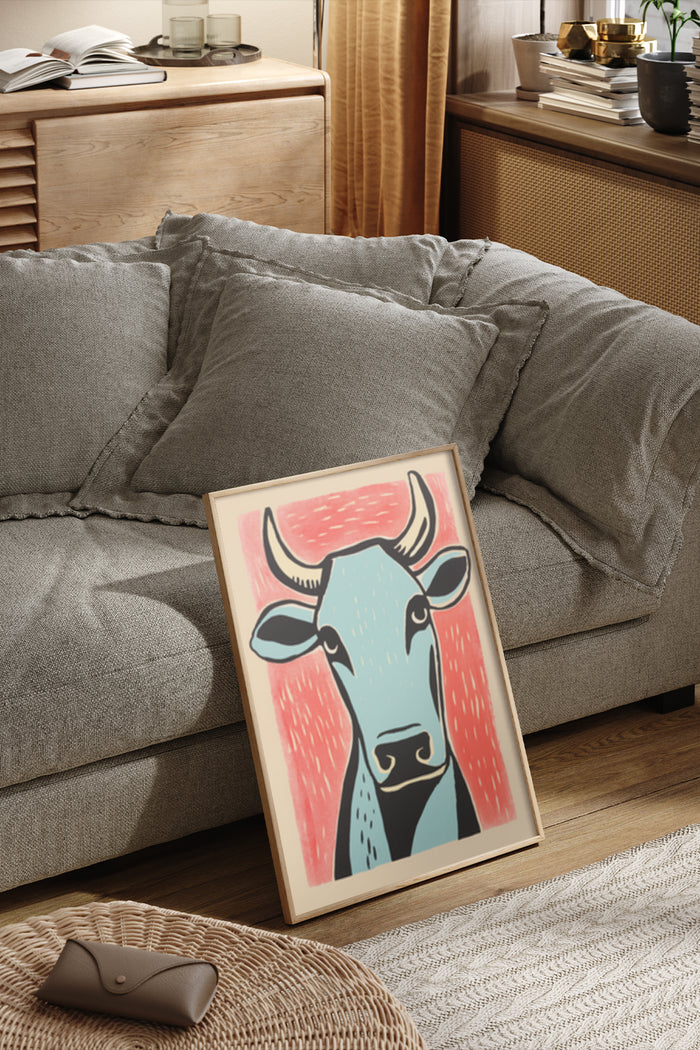Stylized contemporary bull artwork poster in a cozy living room setup