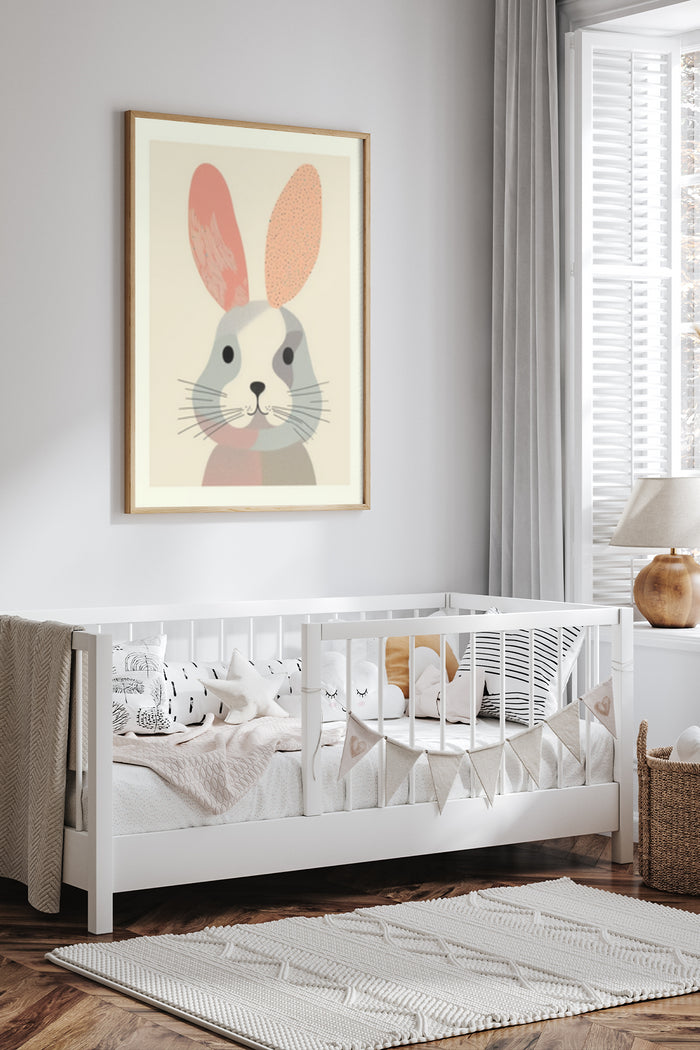 Stylish modern bunny artwork poster in a children's nursery room setting