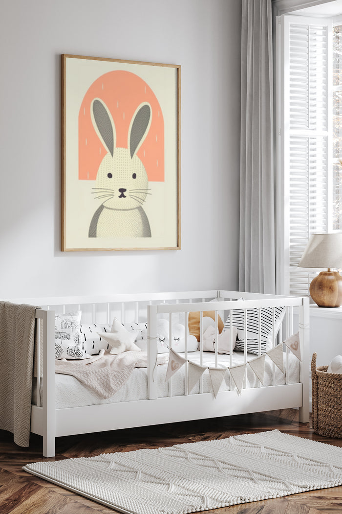 Stylish modern bunny poster artwork in a nursery room setting