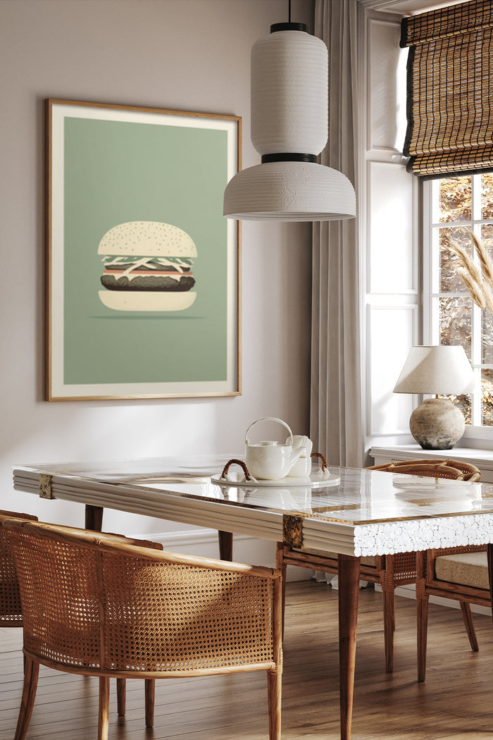 Stylish burger poster in modern dining room setting for home decoration