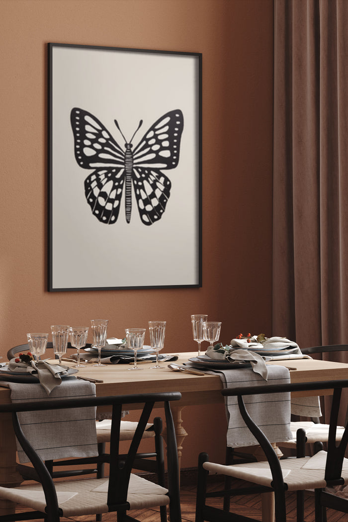 Elegant black and white butterfly poster in modern dining room setting