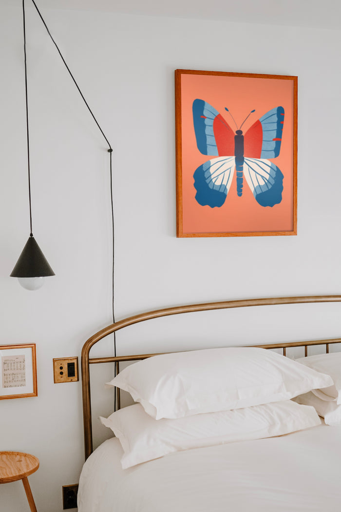 Modern Butterfly Art Print on Orange Background in Bedroom Interior