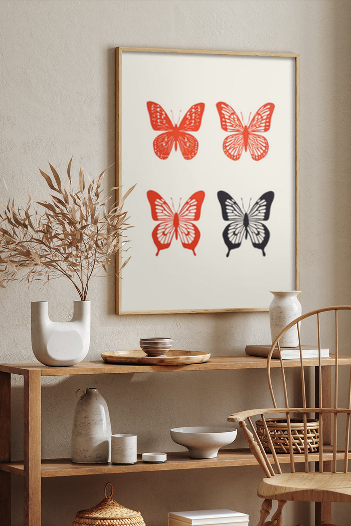 Stylish interior with butterfly illustration poster, decorative vase and wooden furniture