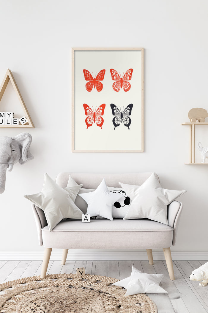 Modern red and black butterfly artwork on poster in stylish living room