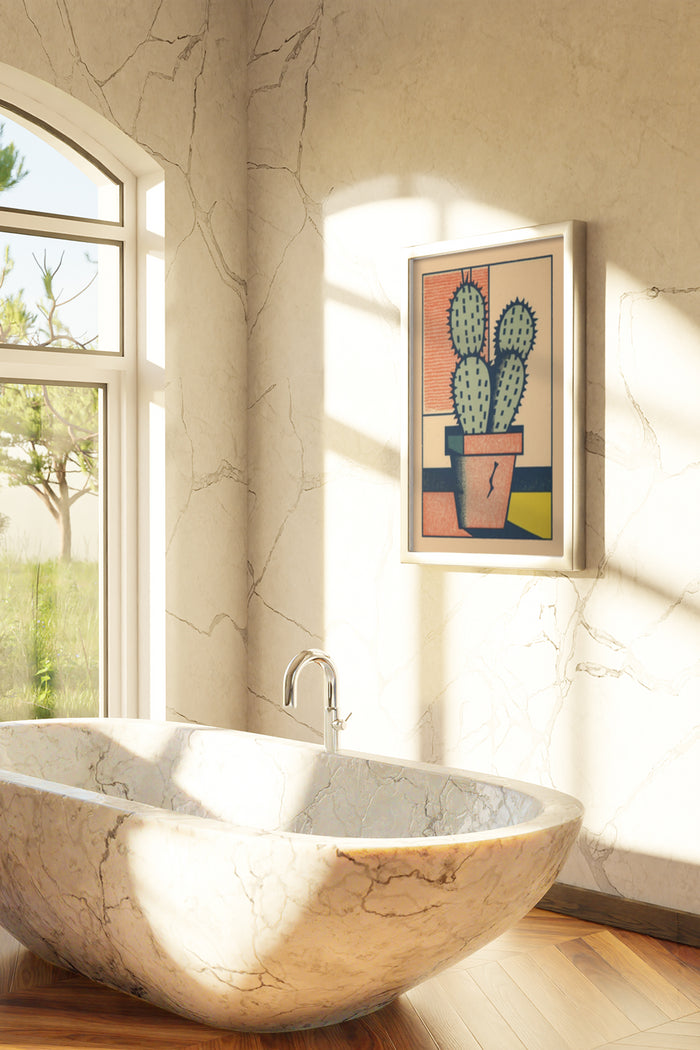 Contemporary cactus illustration hanging above a luxury marble bathtub in a bright bathroom setting