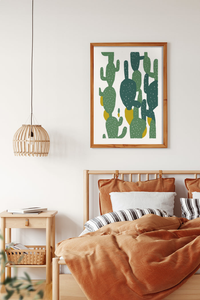 Stylish cactus illustration framed poster on bedroom wall
