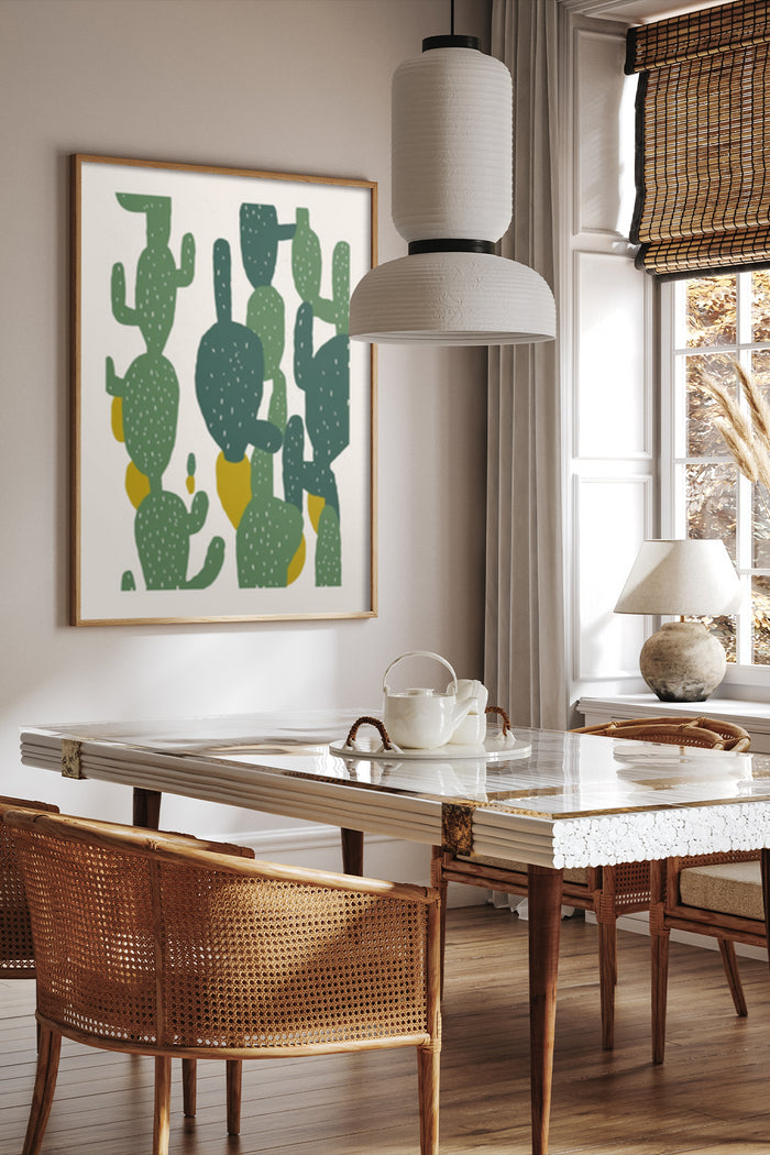 Contemporary green and yellow cactus illustration poster framed on dining room wall