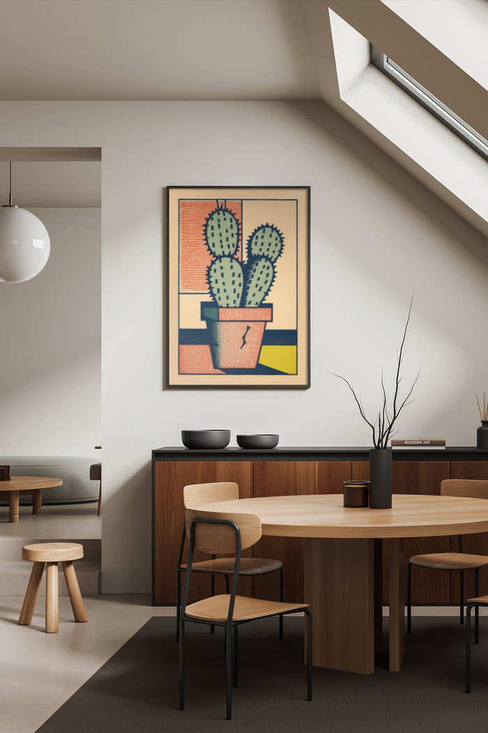 Contemporary dining room with a framed modern cactus artwork on the wall