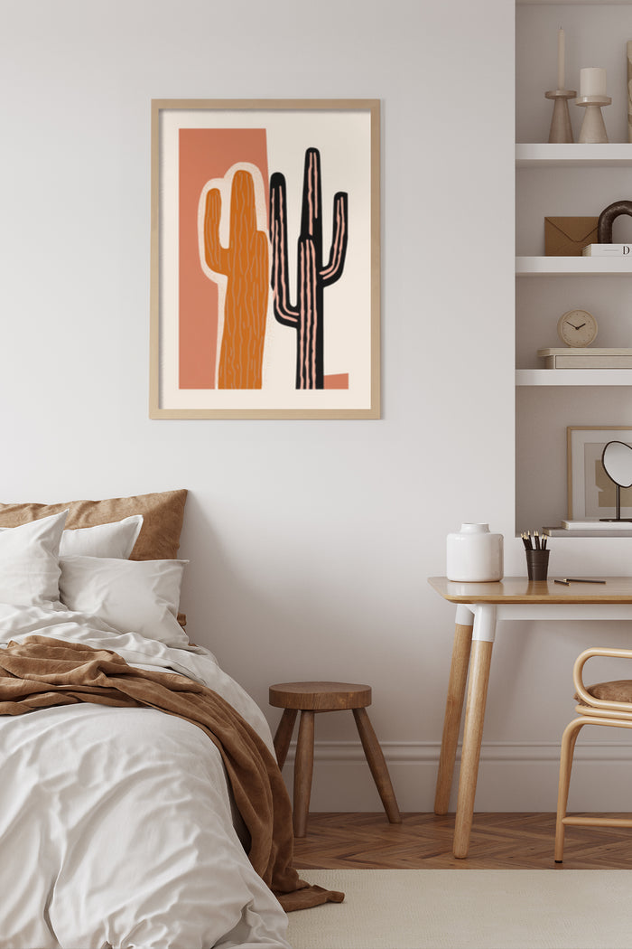 Stylish bedroom interior with modern cactus artwork poster on wall