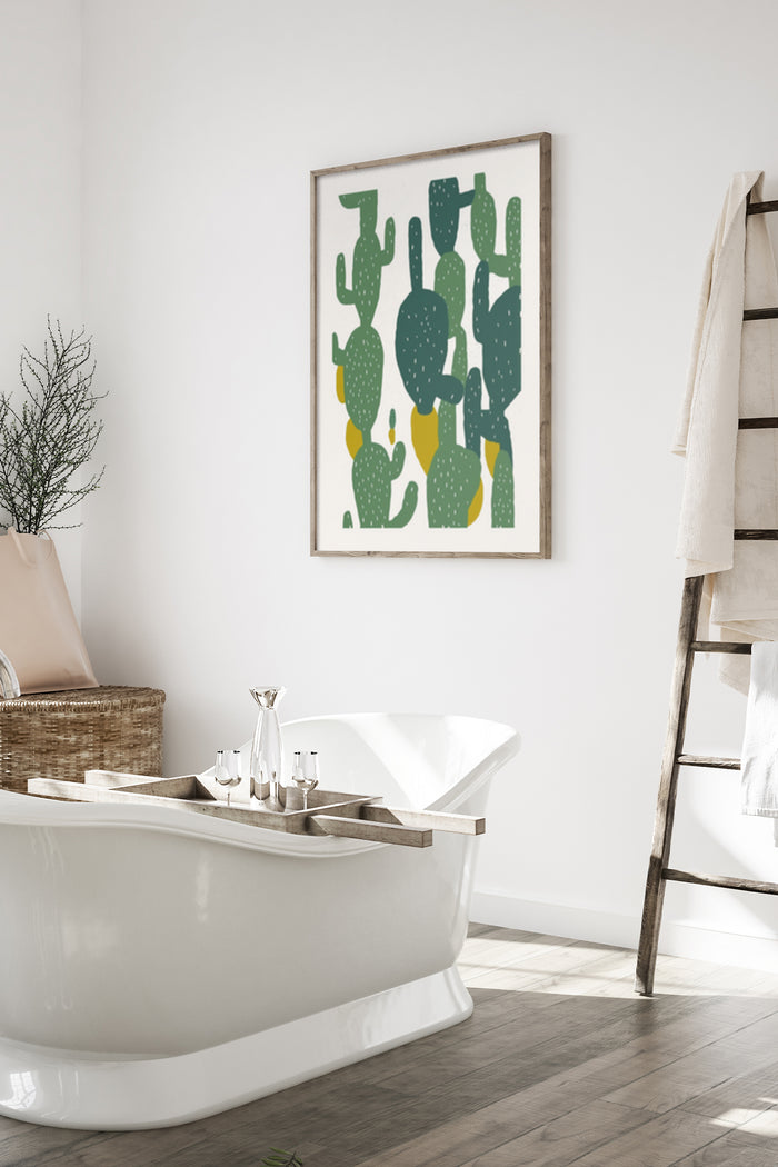 Stylish modern cactus poster art displayed in contemporary bathroom setting