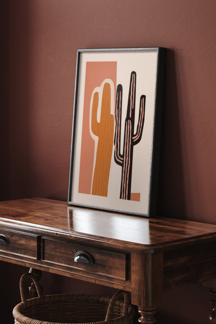 Modern Cactus Artwork Poster on Wooden Console Table Against Maroon Wall
