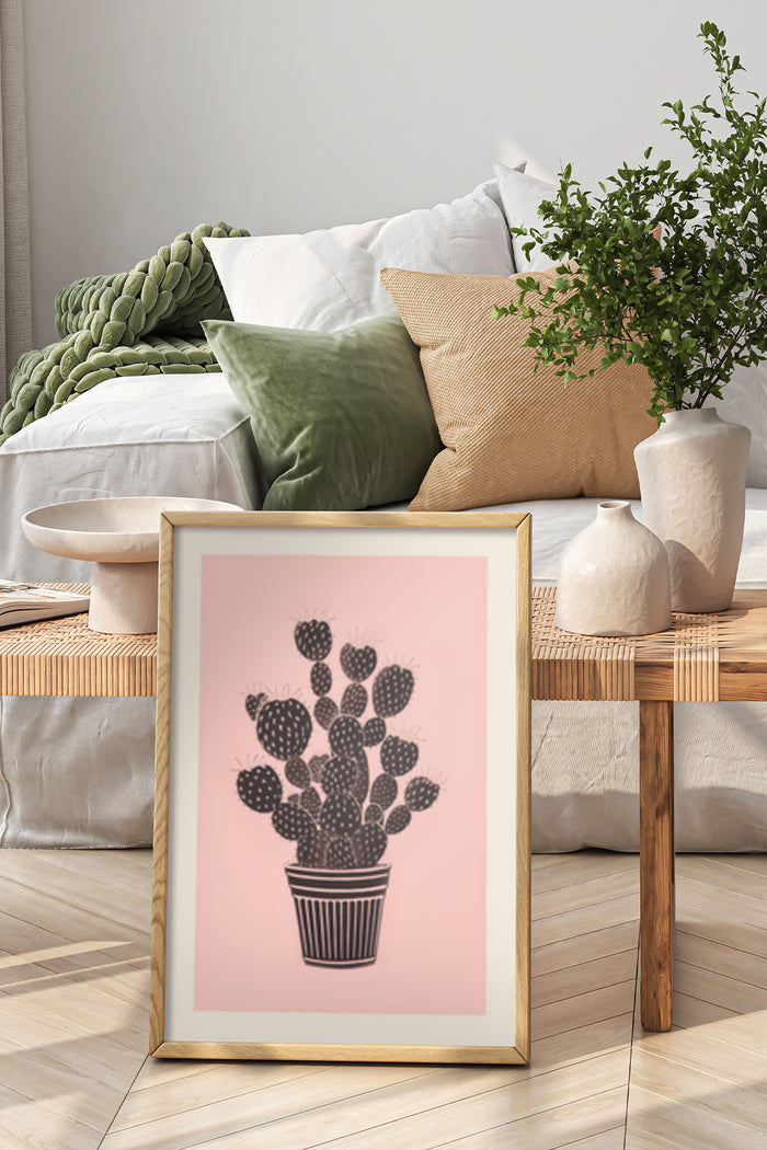 Stylish black and white cactus illustration poster with pink background framed in a cozy bedroom interior
