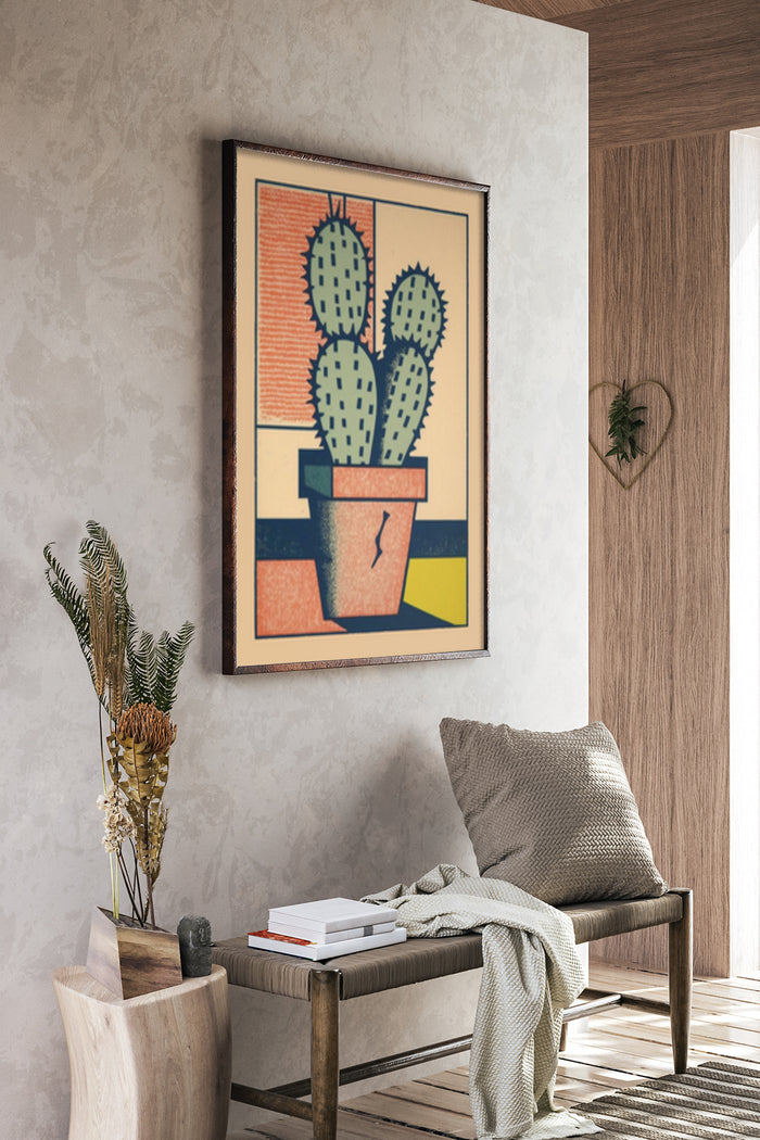 Modern cactus artwork poster framed on living room wall with stylish interior design elements