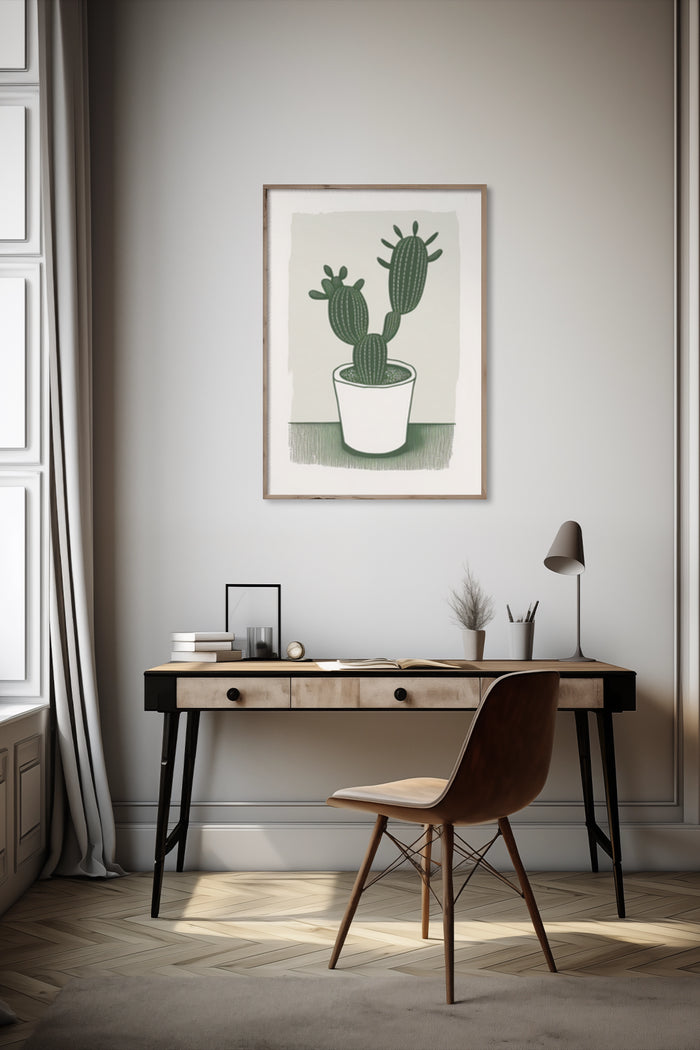 Stylish interior with modern cactus artwork poster above a minimalist wooden writing desk
