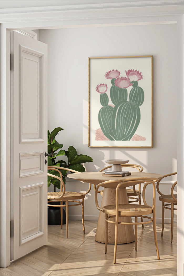 Stylish dining room interior with modern cactus poster featuring blooming flowers