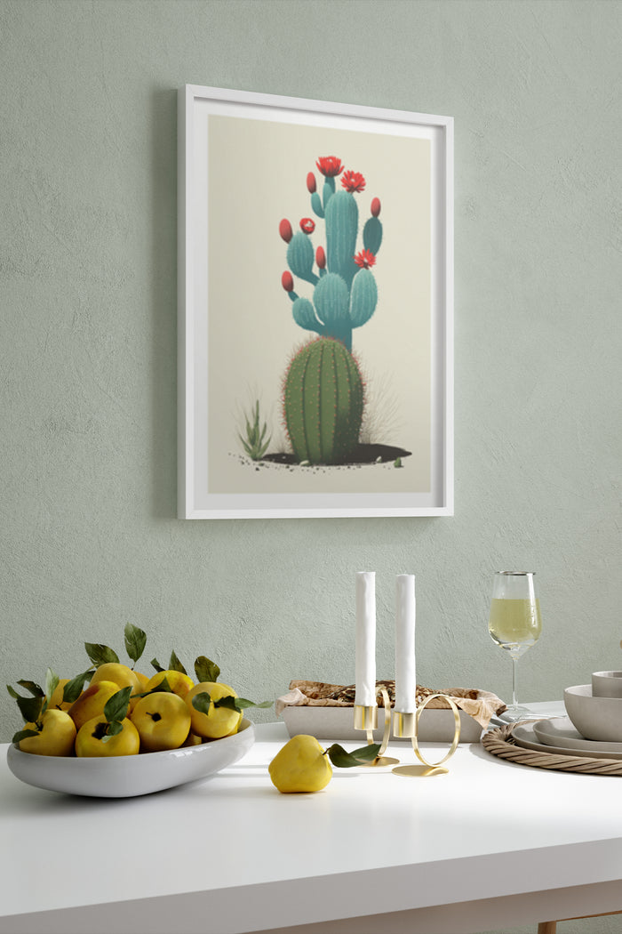 Stylish modern cactus illustration poster in a home interior setting with decorative elements