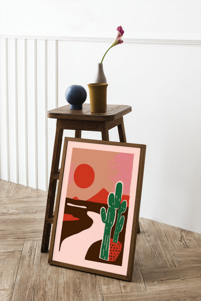 Modern cactus and sunset artwork poster, stylish interior design