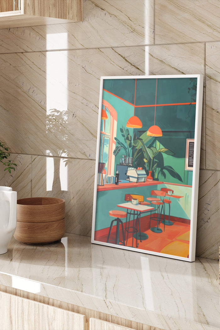Stylish cafe interior illustration poster with hanging lamps and plants