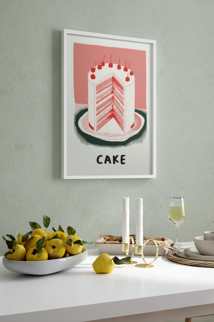 Stylish modern poster of a pink layered cake with cherries on wall