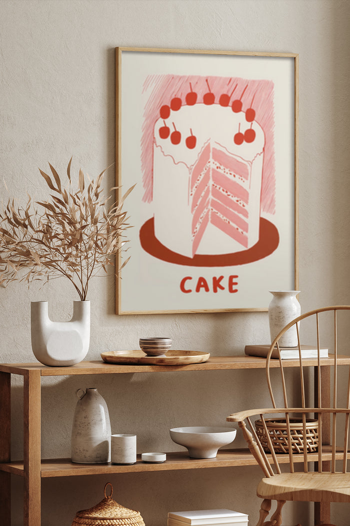 Stylish modern poster of a cake artwork with cherries in a contemporary kitchen setting