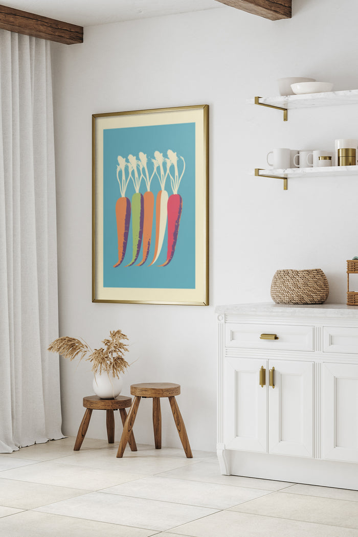 Stylized modern carrot artwork in a golden frame on a white wall, enhancing home decor