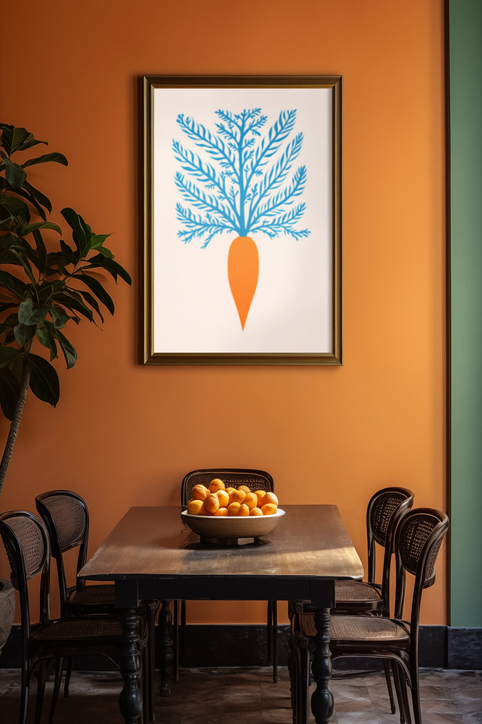 Contemporary Carrot Tree Wall Art Poster in Stylish Dining Room with Orange Walls and Wooden Furniture