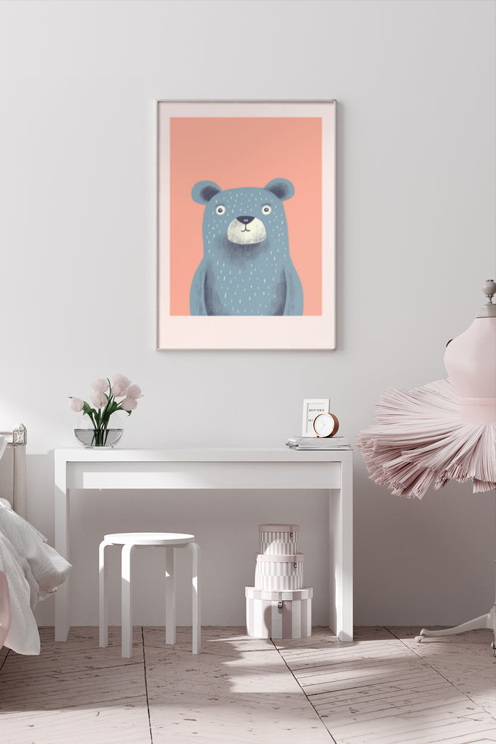 Contemporary Illustrated Bear Portrait Poster in Modern Interior Setting