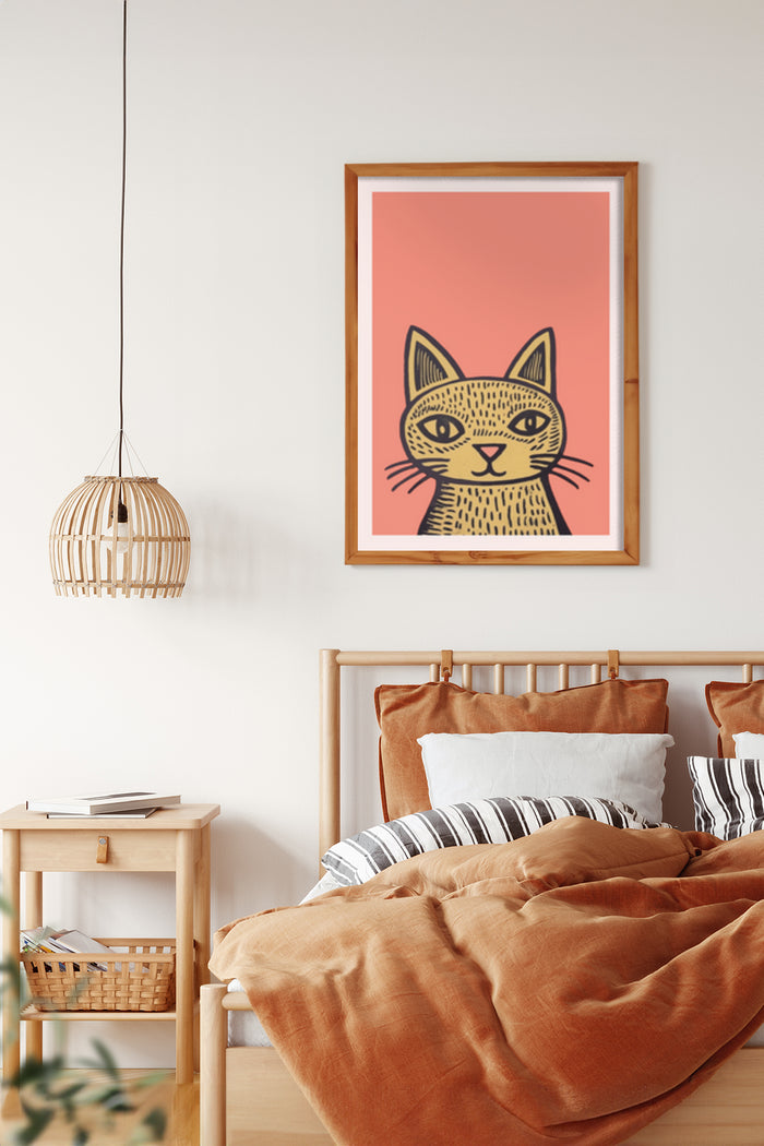 Modern Cartoon Cat Artwork Poster in Bedroom Interior Decor