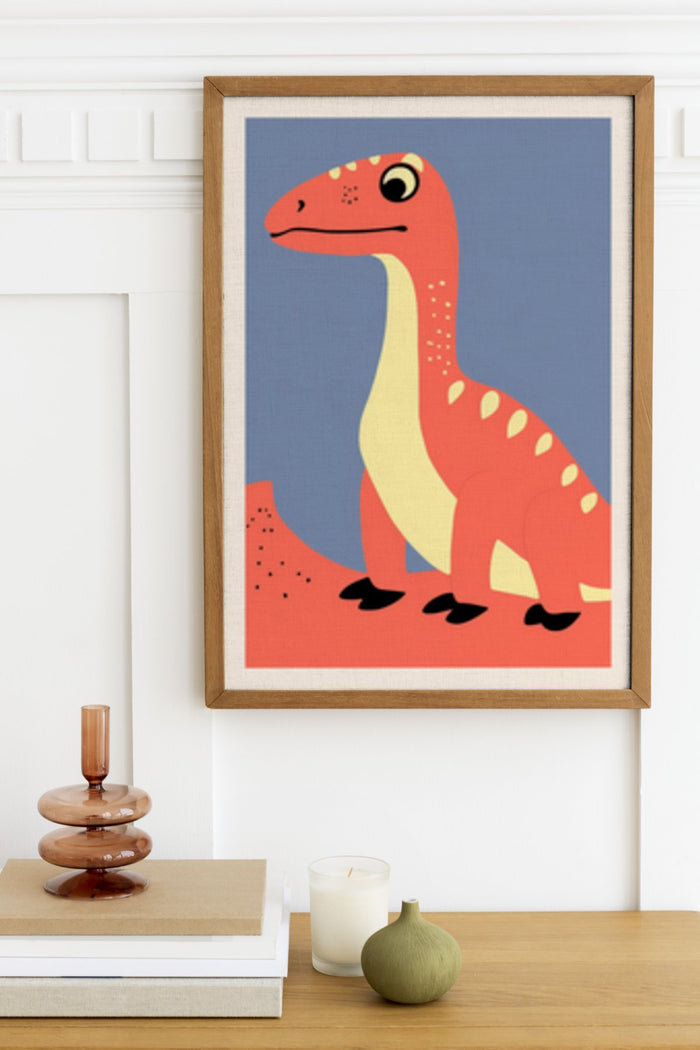 Stylized cartoon dinosaur illustration in a modern artwork poster framed on a wall