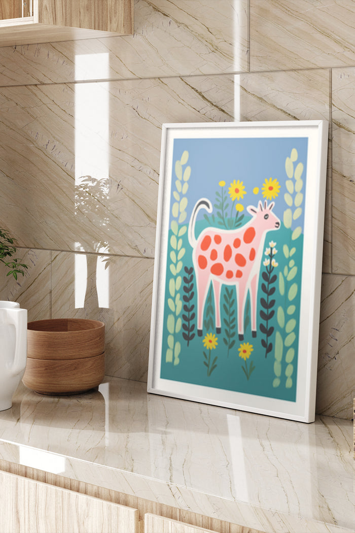 Cartoon giraffe and wildflowers poster artwork displayed in a modern interior