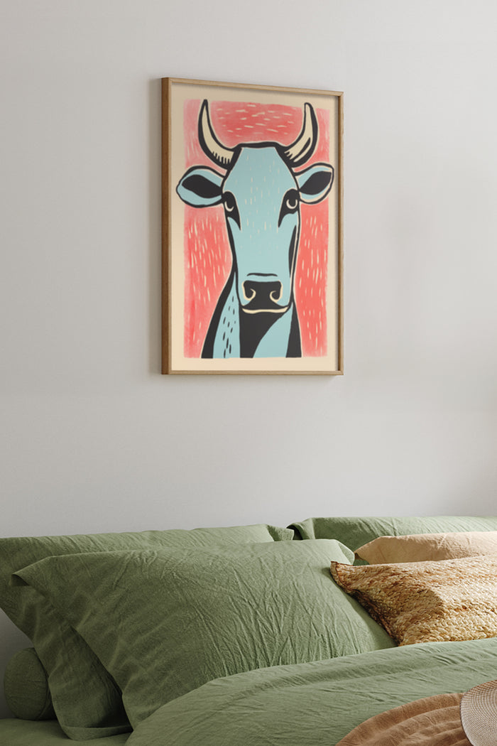 Modern Cartoon Style Cow Portrait Poster Hanging Above Bed in Contemporary Bedroom Setting