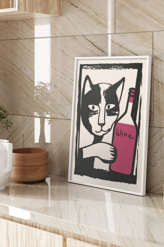 Stylized black and white cat with pink wine bottle poster art hanging on marble wall