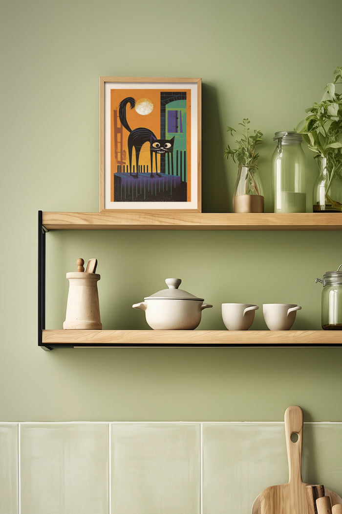 Modern cat art poster displayed on kitchen shelf with wooden utensils and white ceramics