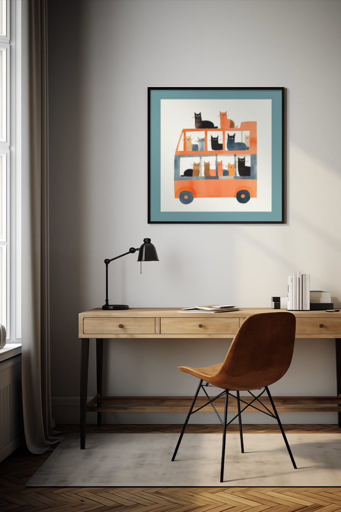 Modern minimalist illustration of cats in orange bus, wall art poster in stylish interior
