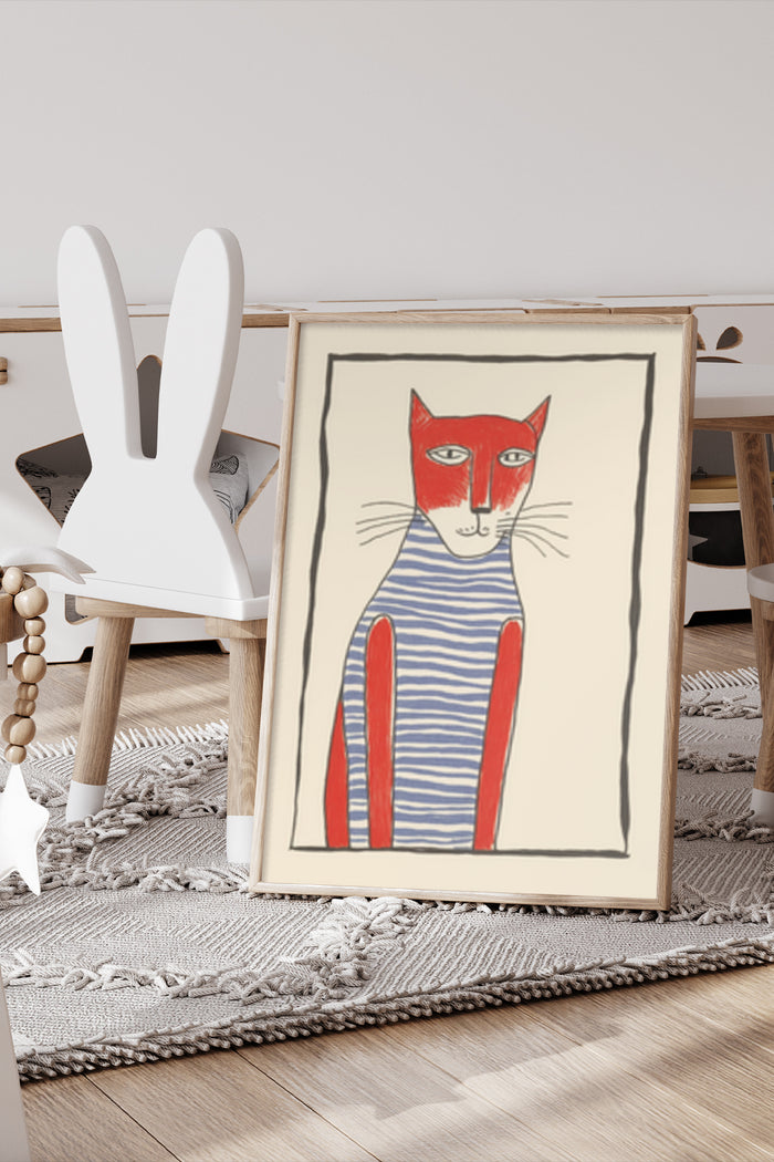 Modern red cat painting with striped shirt displayed in contemporary home setting