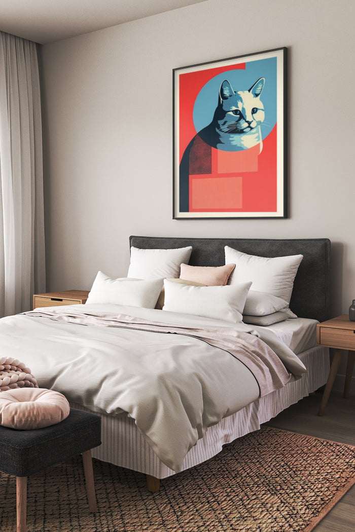 Stylish modern cat artwork poster in a contemporary bedroom setting