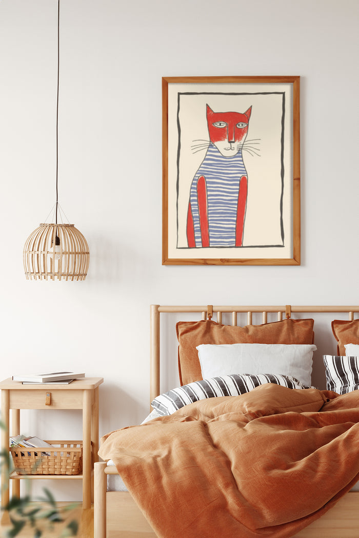 Stylish modern cat artwork poster framed on a bedroom wall above a bed with orange bedding and striped pillows
