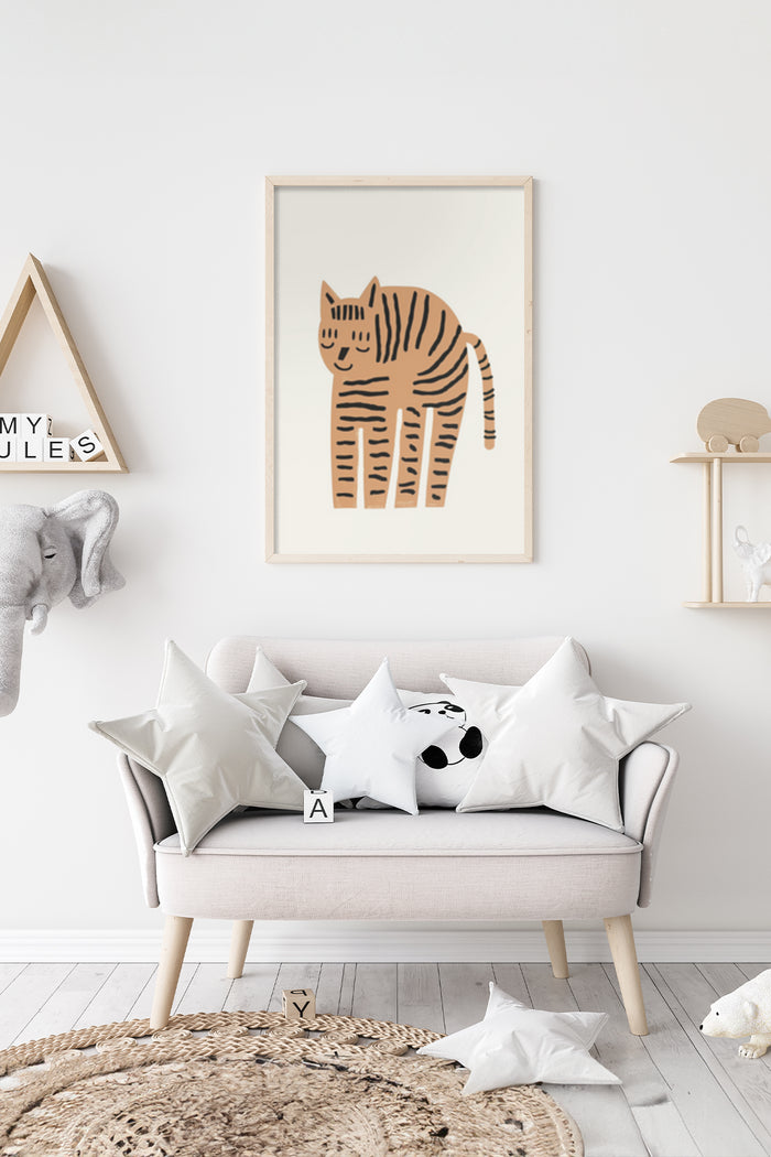 Stylish modern cat artwork poster displayed in a cozy living room setting with decorative pillows