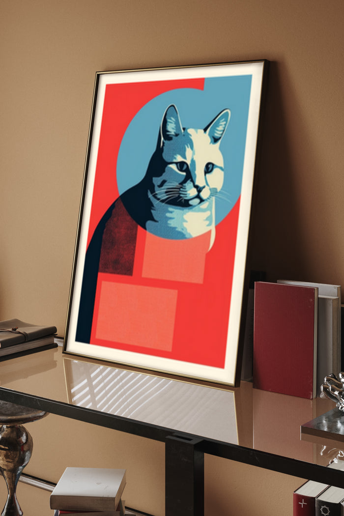 Stylized modern cat artwork in the style of pop art displayed in a contemporary interior setting