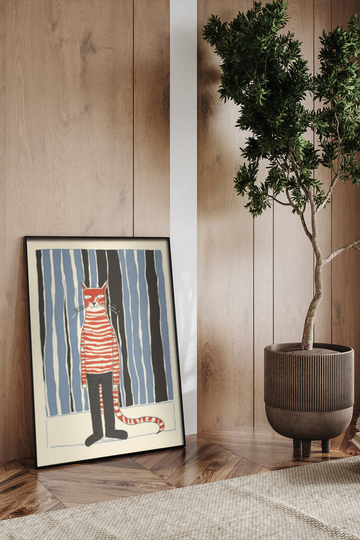 Contemporary cat illustration poster with striped sweater against blue and white striped background in a stylish home interior