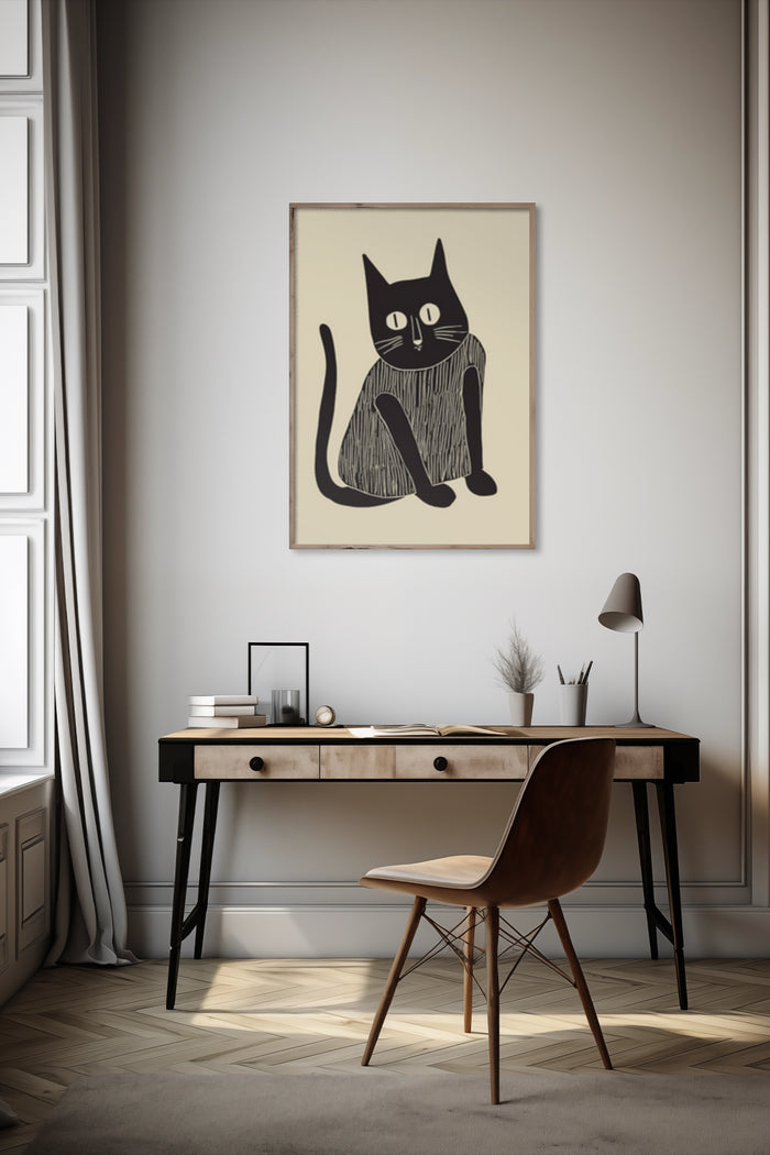 Minimalist black cat artwork in contemporary room with chic wooden writing desk and trendy chair