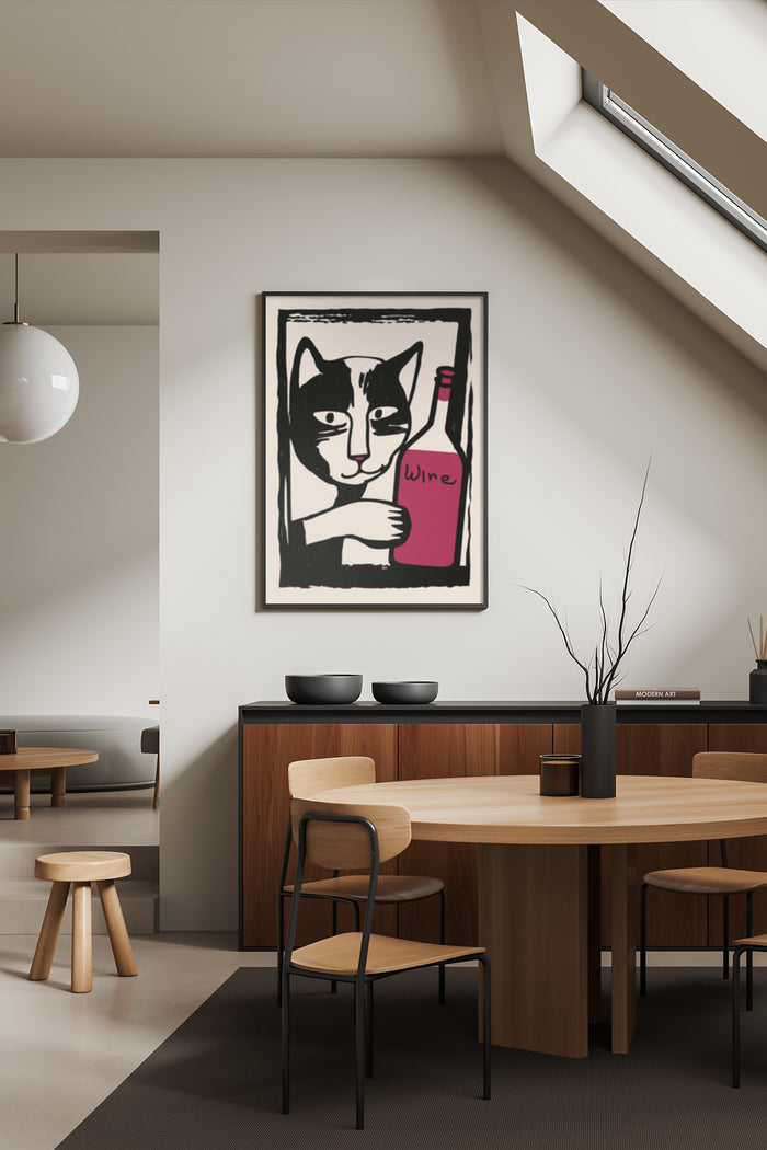 Modern black and white cat artwork with wine bottle in stylish interior