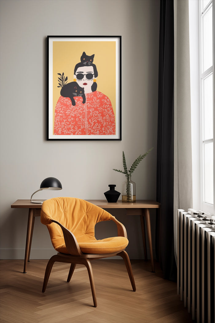 Artistic depiction of a woman with cats in a stylish modern home setting