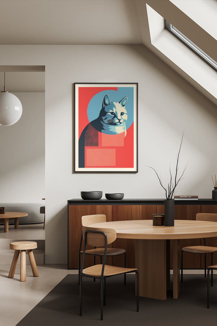 Stylish modern cat pop art poster within a contemporary dining room setting