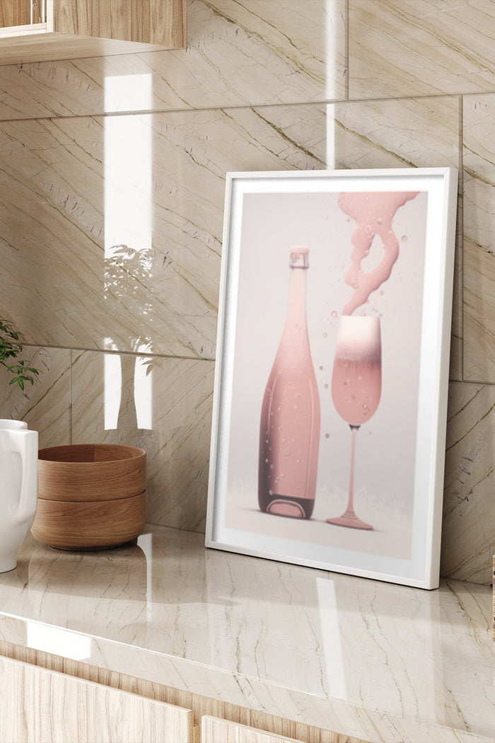 Minimalist champagne bottle and glass illustration poster in a modern interior setting