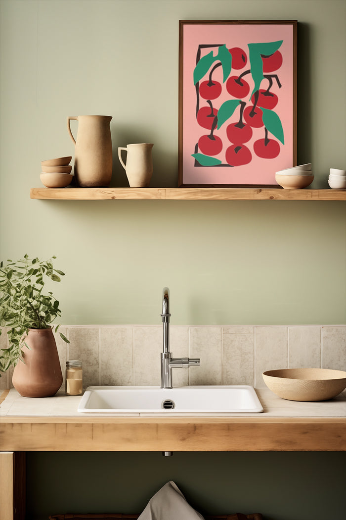 Contemporary red cherry illustration poster framed in kitchen with ceramic and wood decor
