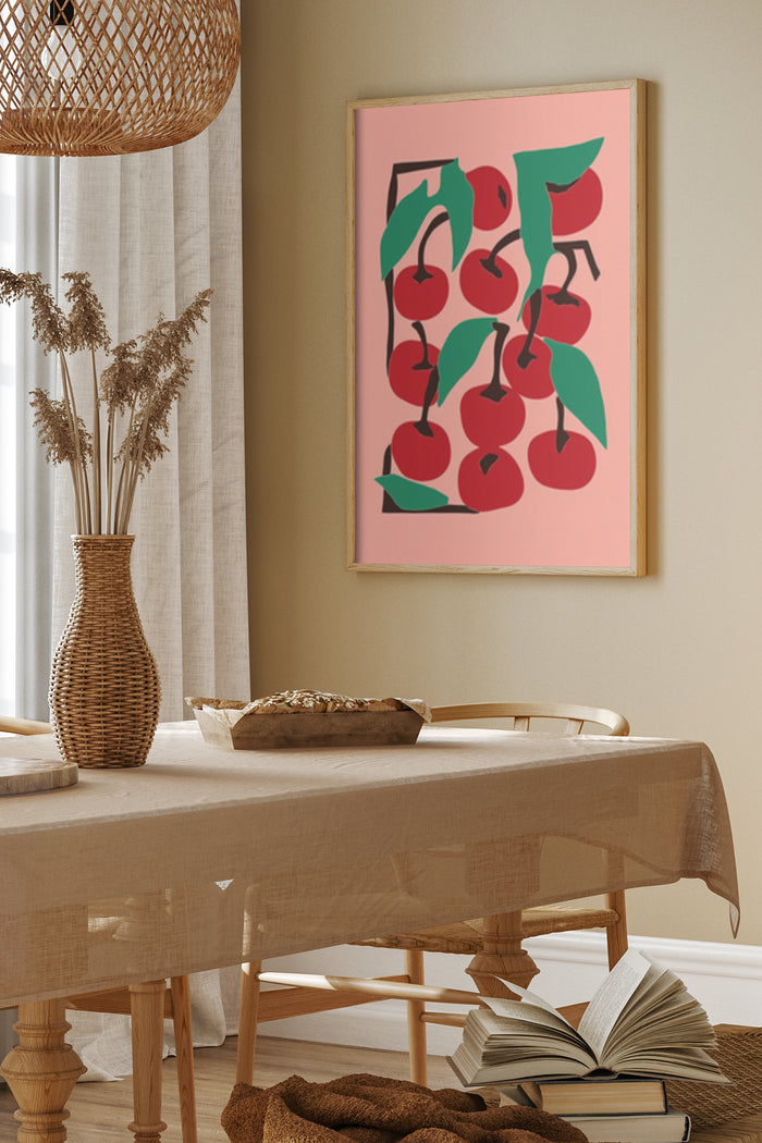 Stylish modern poster with cherry illustration hanging in a contemporary dining room setting